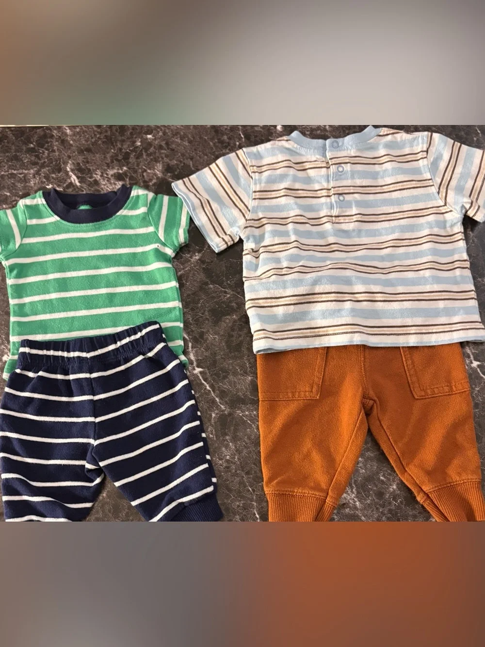 Striped Baby Two-Piece Sets in Green/Navy and Light Blue/Copper